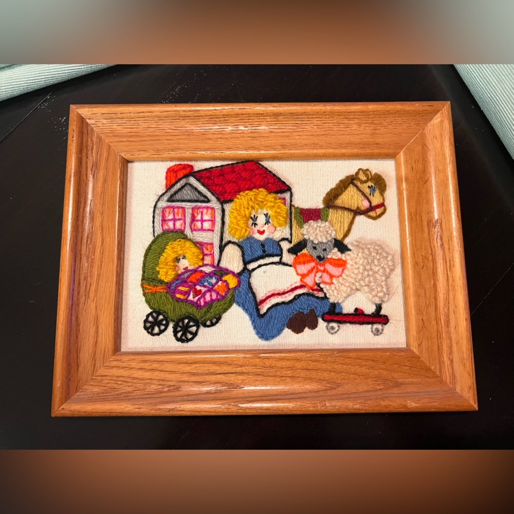 Hand Crafted Embroidered Art with Red and Brown Accents